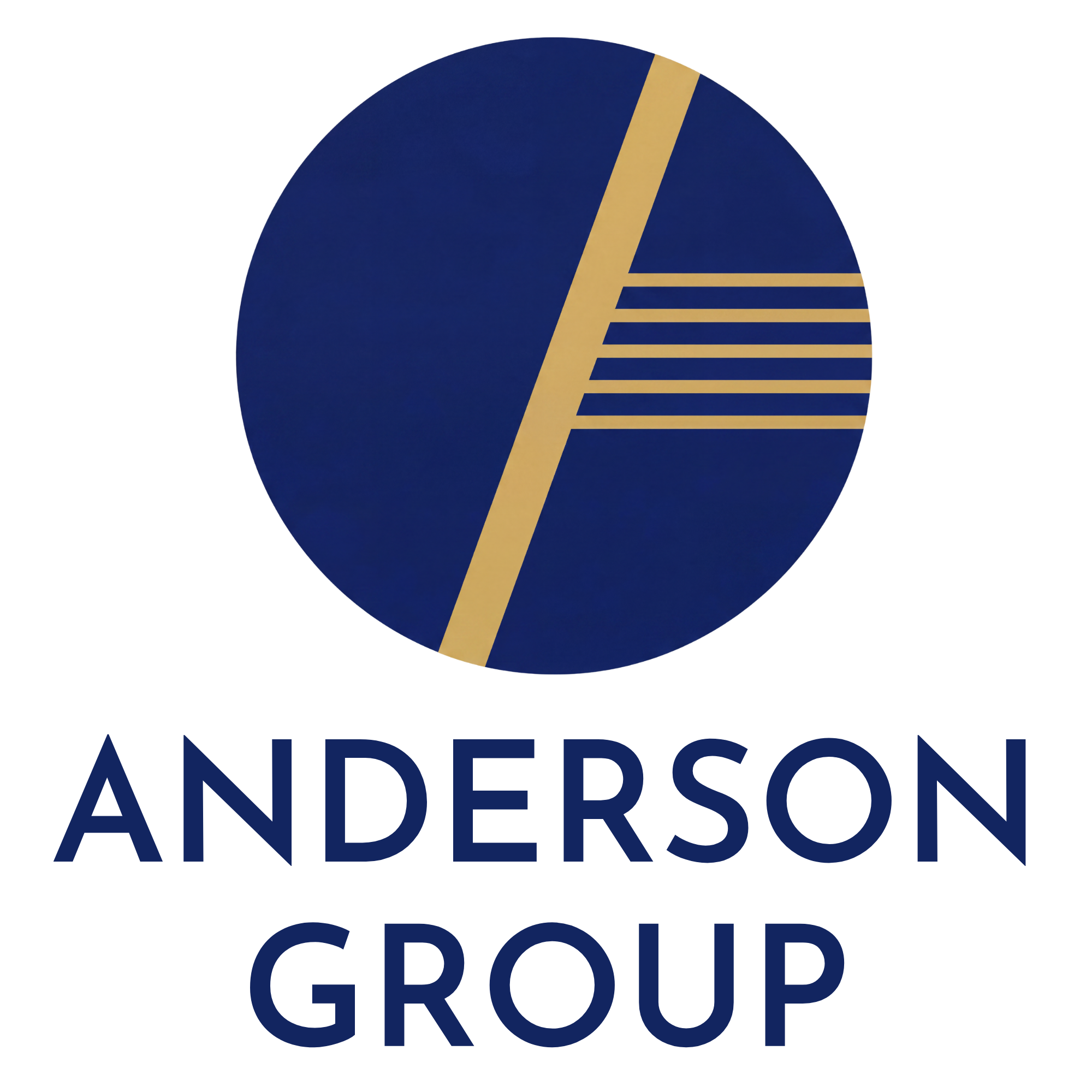 Logo of Anderson Group featuring a blue circle with gold accents and text below.